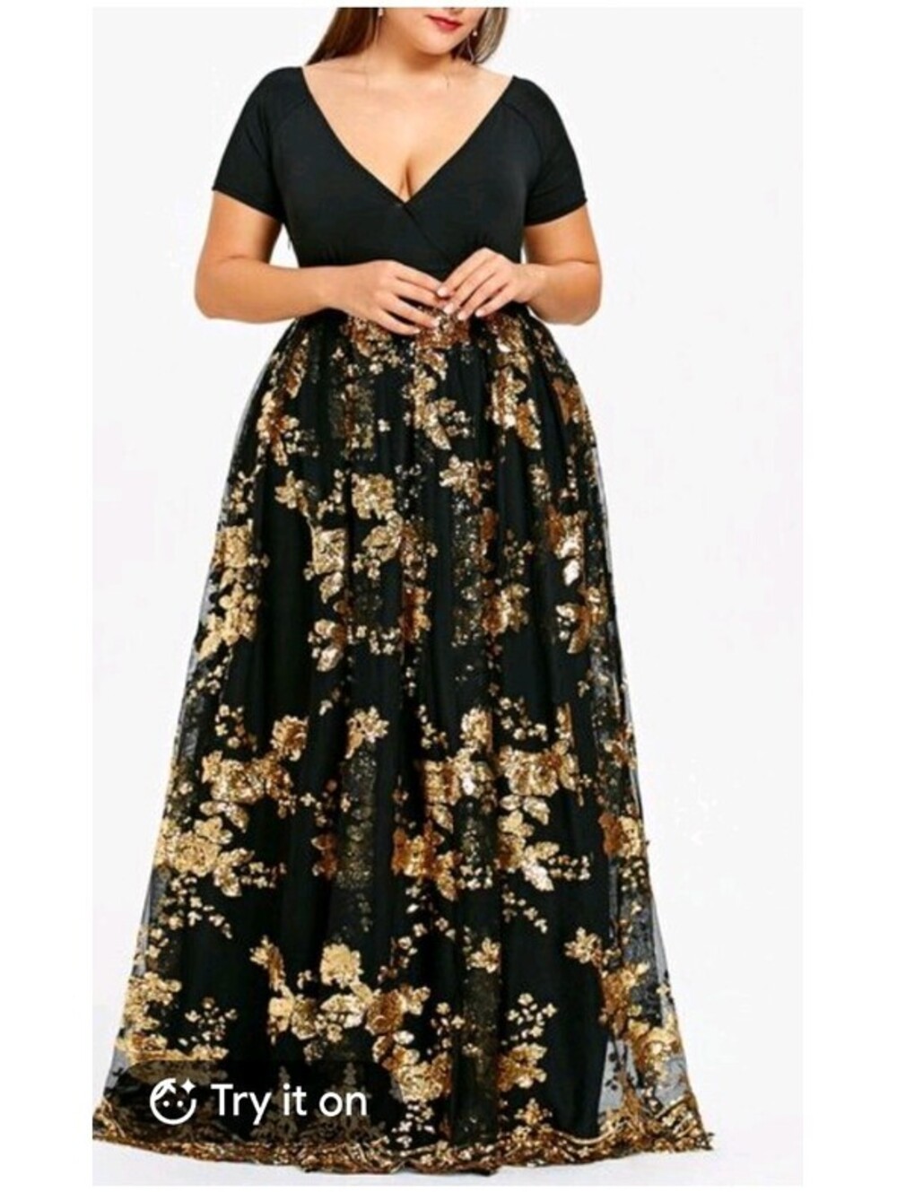 Black Gold Sequin Floral Maxi Dress 5X Formal Evening Gown Cap Sleeve Party